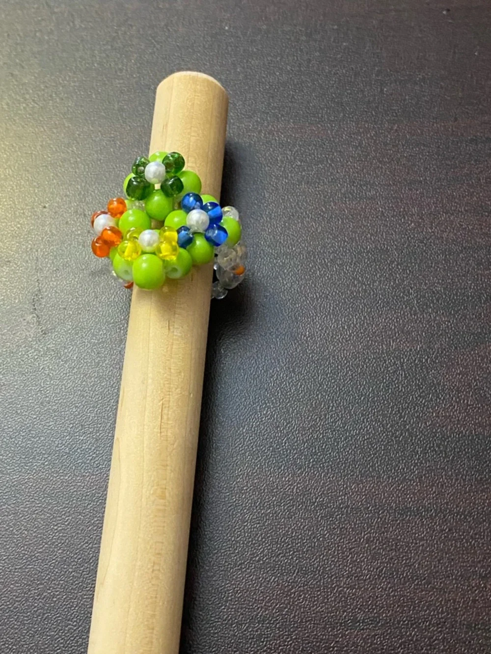 Handmade Multicolor Beaded Flower Ring — Green Accent